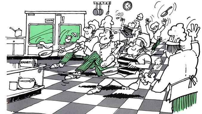 A chaotic kitchen scene with chefs and animated food elements in lively action.