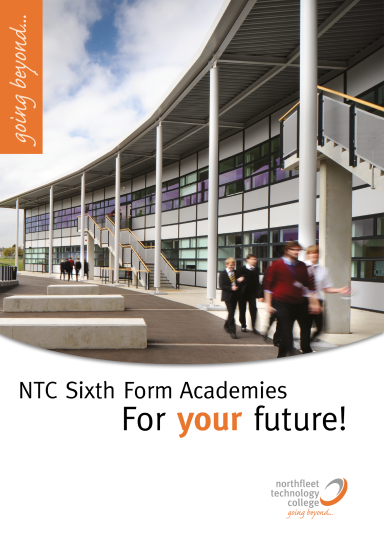 NTC Sixth Form Academies promotional banner with students and modern architecture.